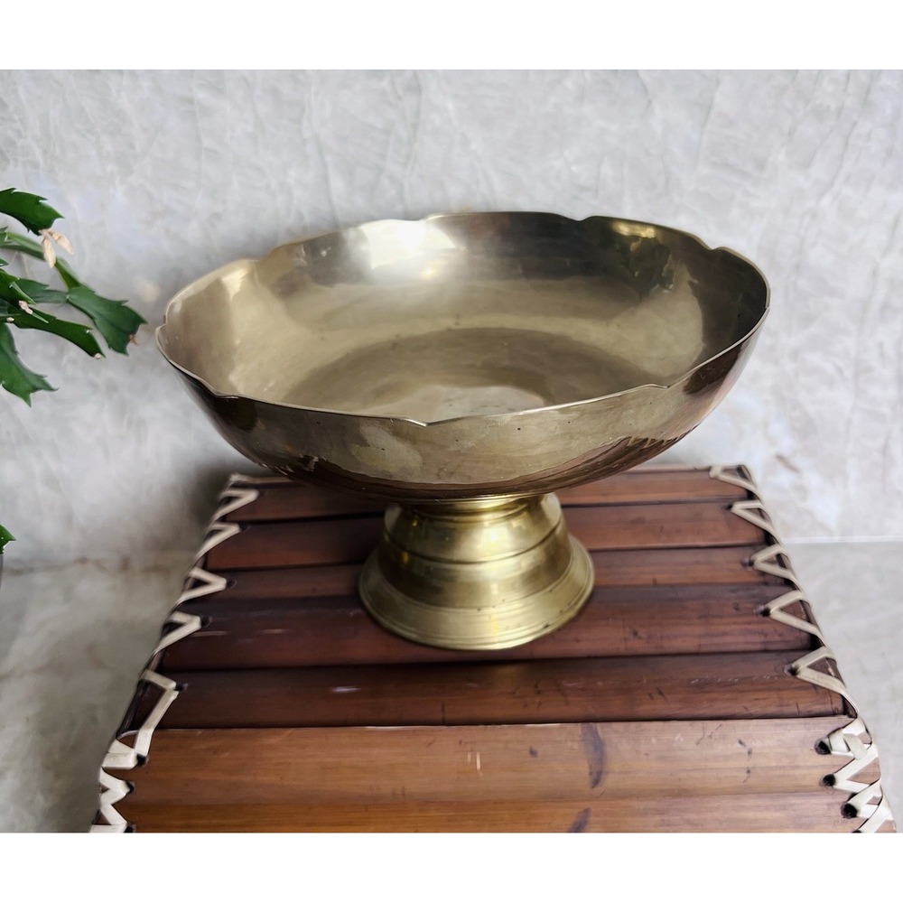 Solid Brass Pedestal Bowl Compote – Wide Shallow Dish on Turned Base 7.5"